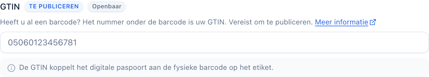 Het GTIN-veld met een blauwe markering Te publiceren naast het label, plus een markering Openbaar en helptekst.