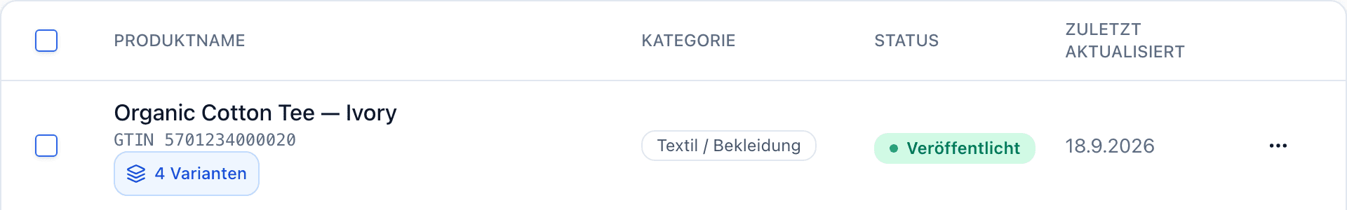 Die Liste Produktpässe mit der Zeile Organic Cotton Tee — Ivory, ihrer GTIN und der Kennzeichnung 4 Varianten neben dem Produktnamen.