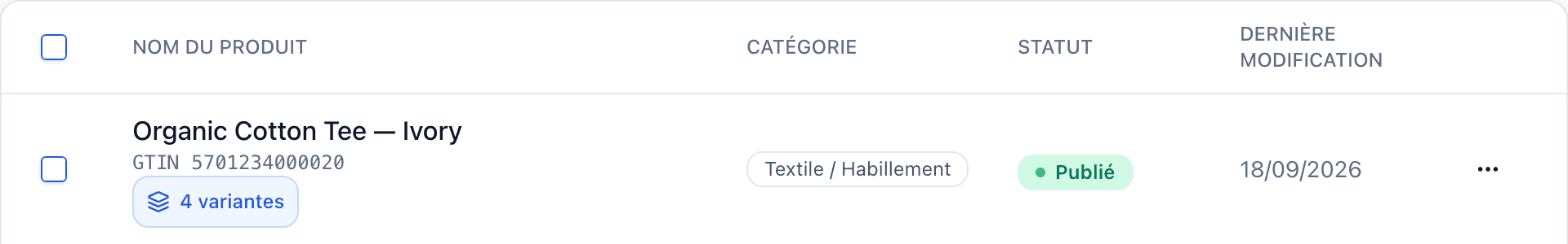 La liste Passeports avec la ligne Organic Cotton Tee — Ivory affichant son GTIN et un badge 4 variantes à côté du nom du produit.