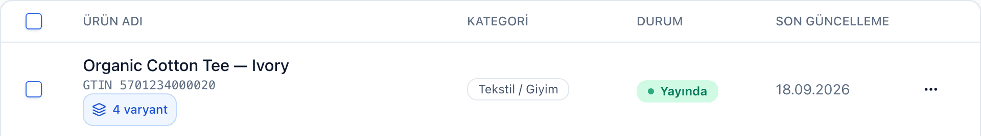 GTIN'ini ve ürün adının yanında 4 varyant rozetini gösteren Organic Cotton Tee satırıyla Pasaportlar listesi.