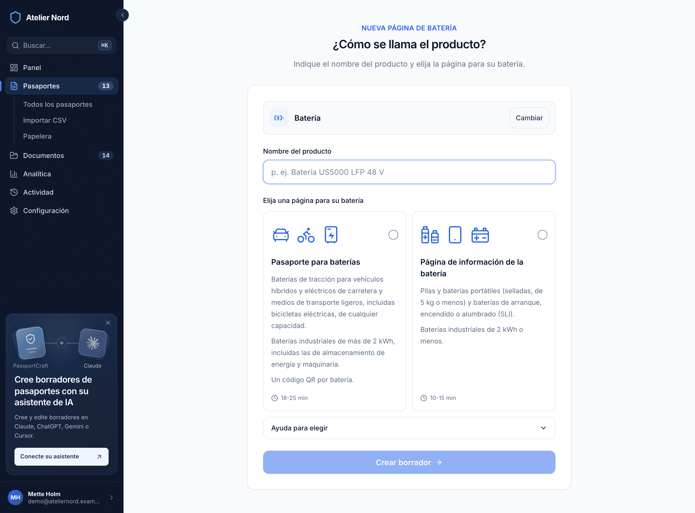 La pantalla del nombre del producto con las opciones Pasaporte para baterías y Página de información de la batería, sus ejemplos y Ayuda para elegir.