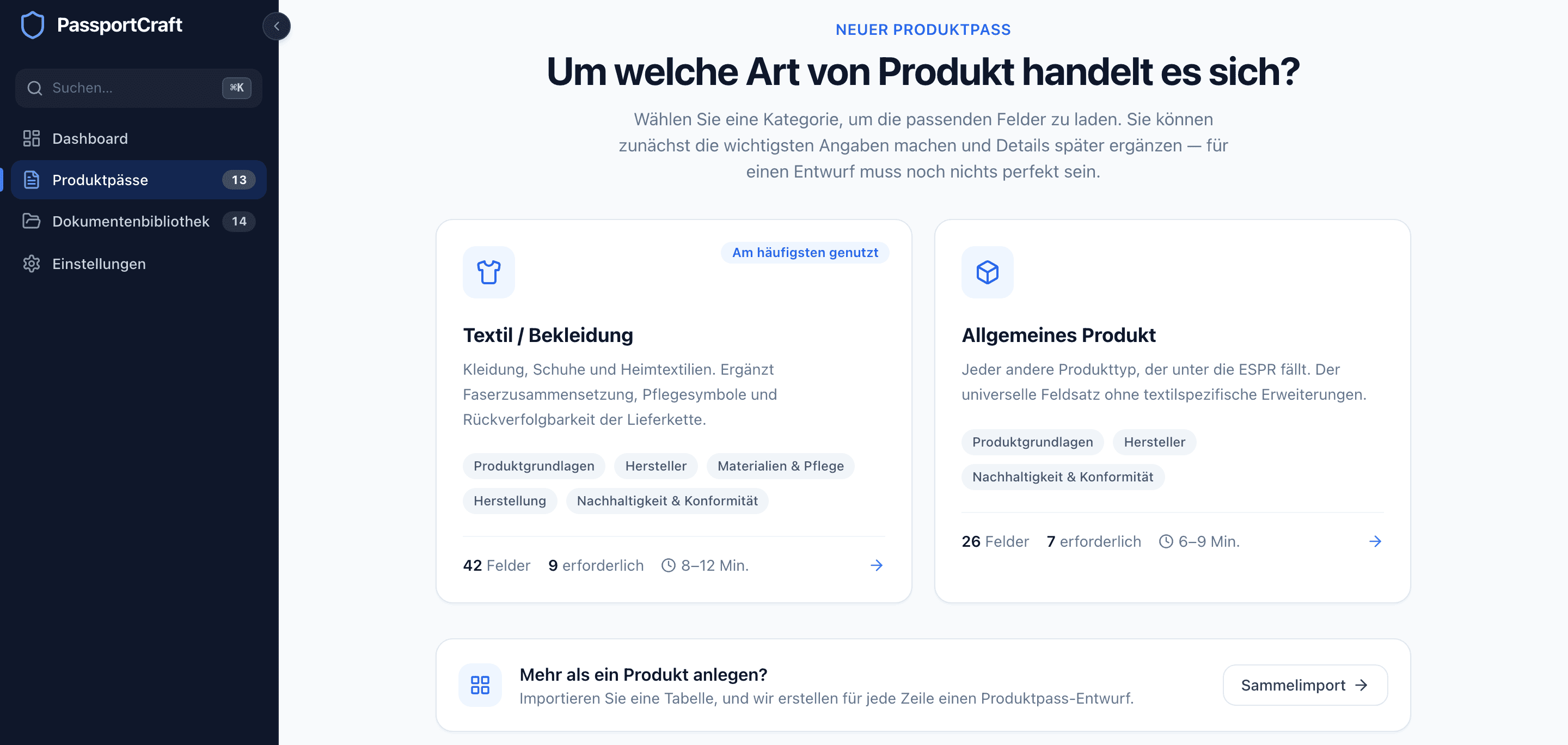 Die Kategorieauswahl mit der Frage Um welche Art von Produkt handelt es sich?, mit Karten für Textilien / Bekleidung und Allgemeines Produkt samt Feldanzahl und Zeitaufwand.
