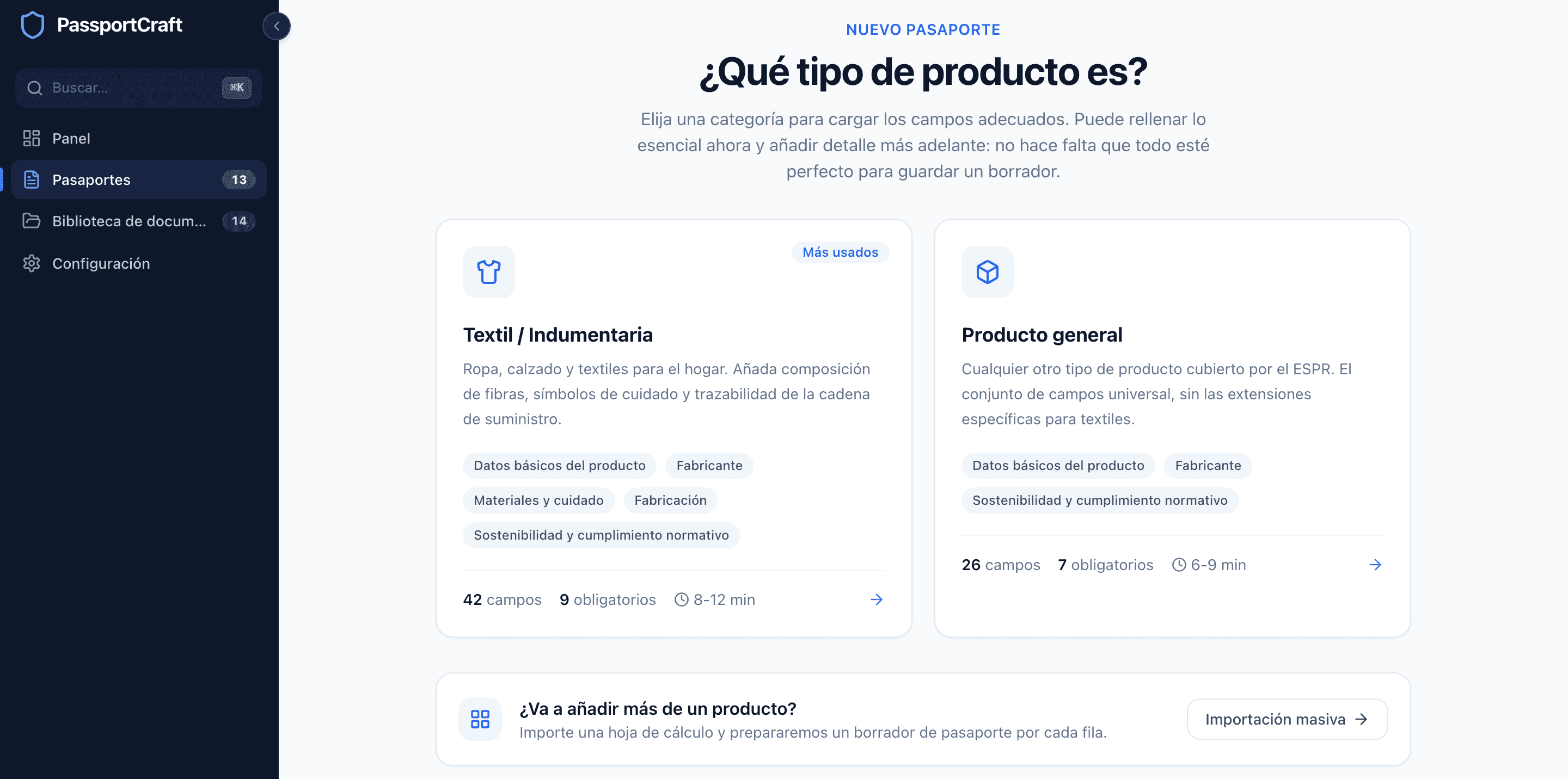El selector de categoría preguntando ¿Qué tipo de producto es?, con las tarjetas Textil / Confección y Producto general mostrando el número de campos y los tiempos estimados.