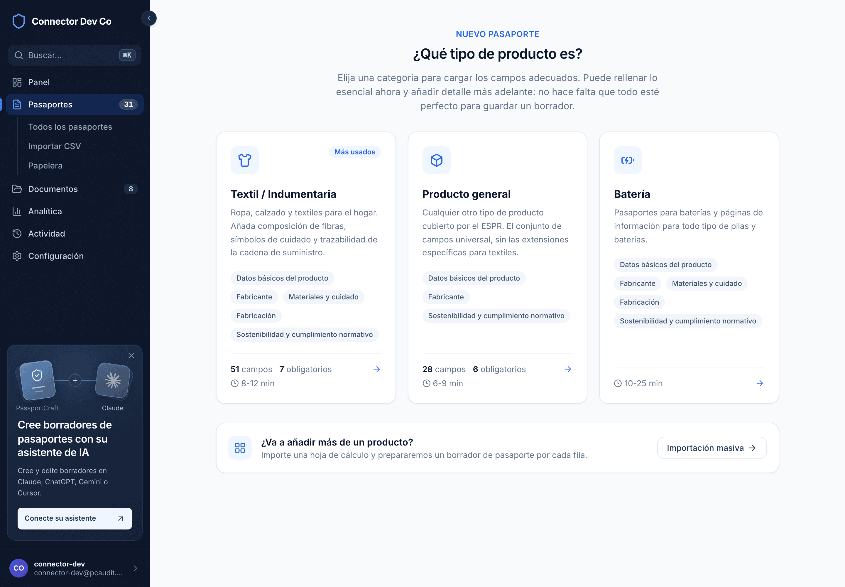 El selector de categoría preguntando ¿Qué tipo de producto es?, con las tarjetas Textil / Indumentaria, Producto general y Batería mostrando los tiempos estimados, y la opción Importación masiva debajo.