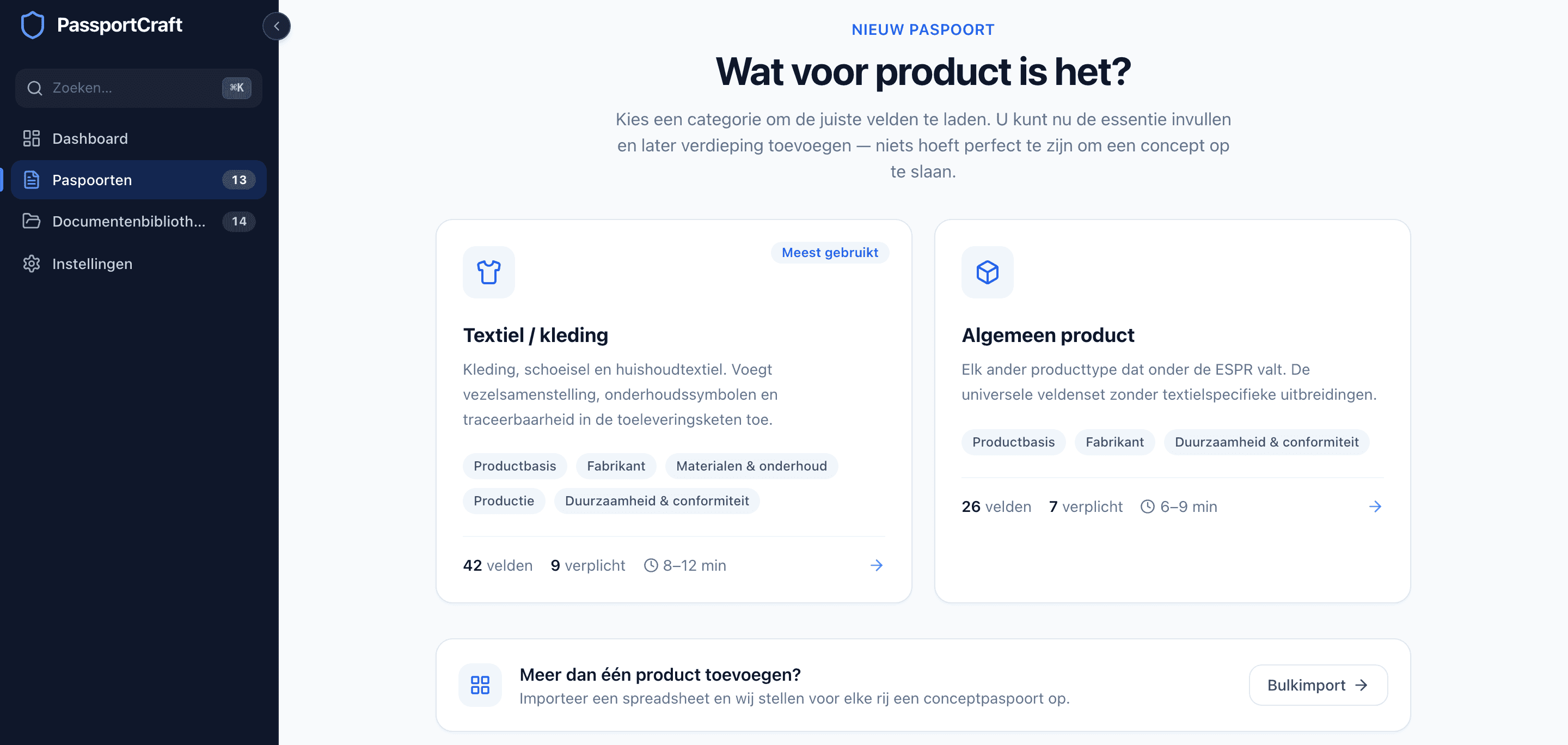 De categoriekiezer met de vraag Wat voor product is het?, met de kaarten Textiel / kleding en Algemeen product die veldtellingen en tijdsindicaties tonen.
