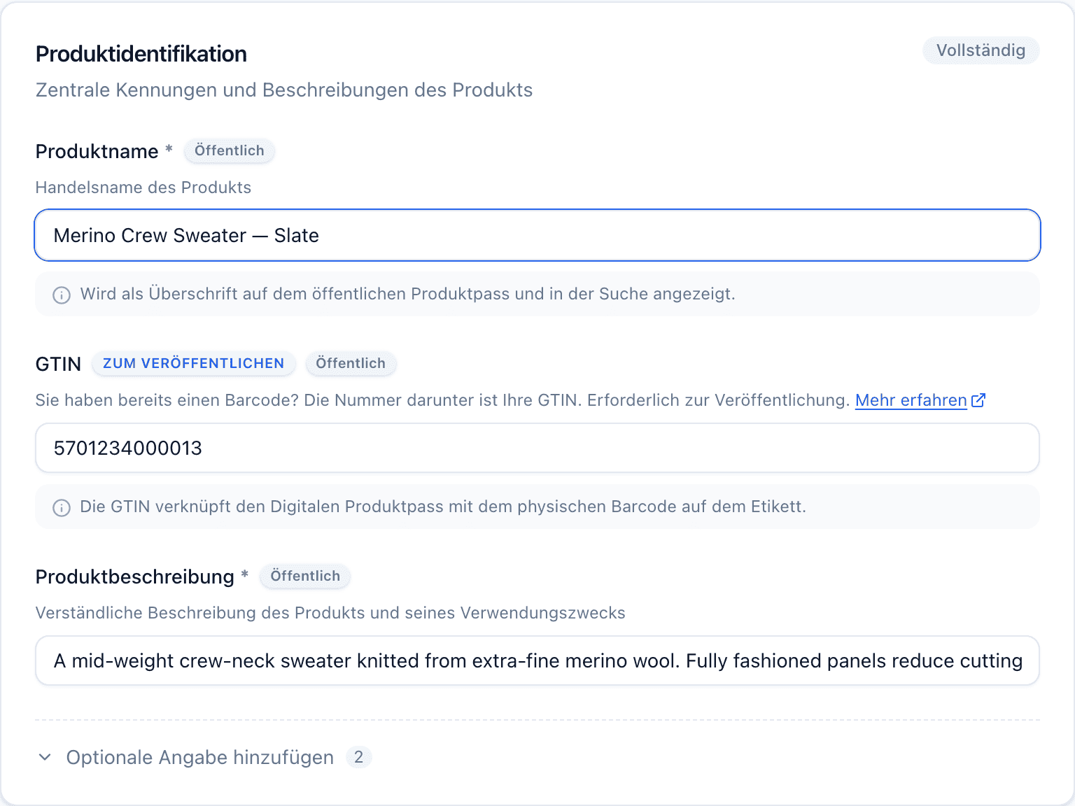 Ein abgeschlossener Abschnitt Produktidentifikation im Editor, mit einer Kennzeichnung Vollständig und den ausgefüllten Feldern Produktname und GTIN.