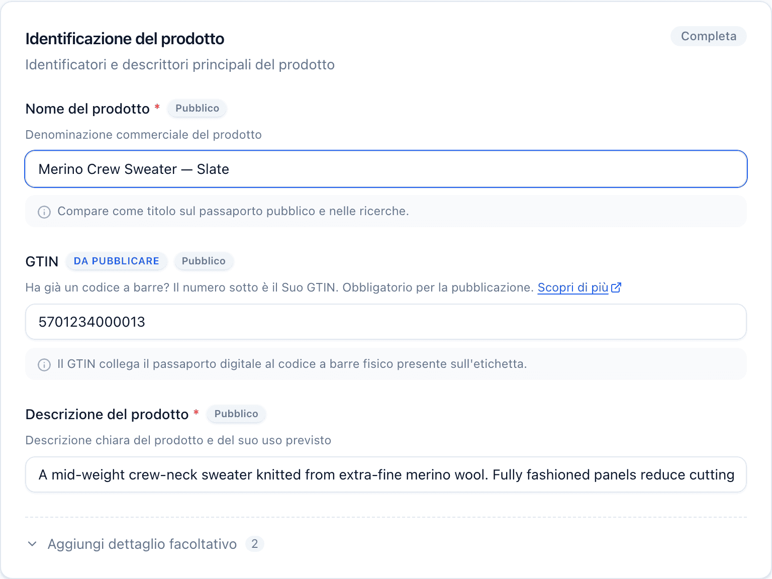 Una sezione Identificazione del prodotto completata nell'editor, con un'etichetta Completa e i campi Nome prodotto e GTIN compilati.