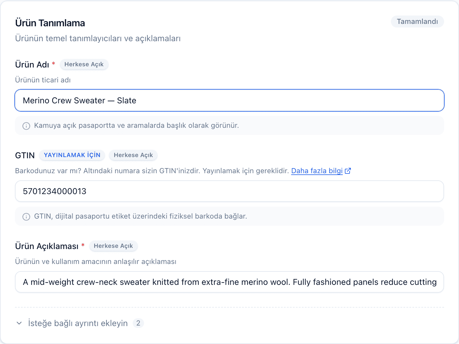 Tamamlandı rozetiyle ve doldurulmuş Ürün Adı ile GTIN alanlarıyla editördeki tamamlanmış bir Ürün Tanımlama bölümü.