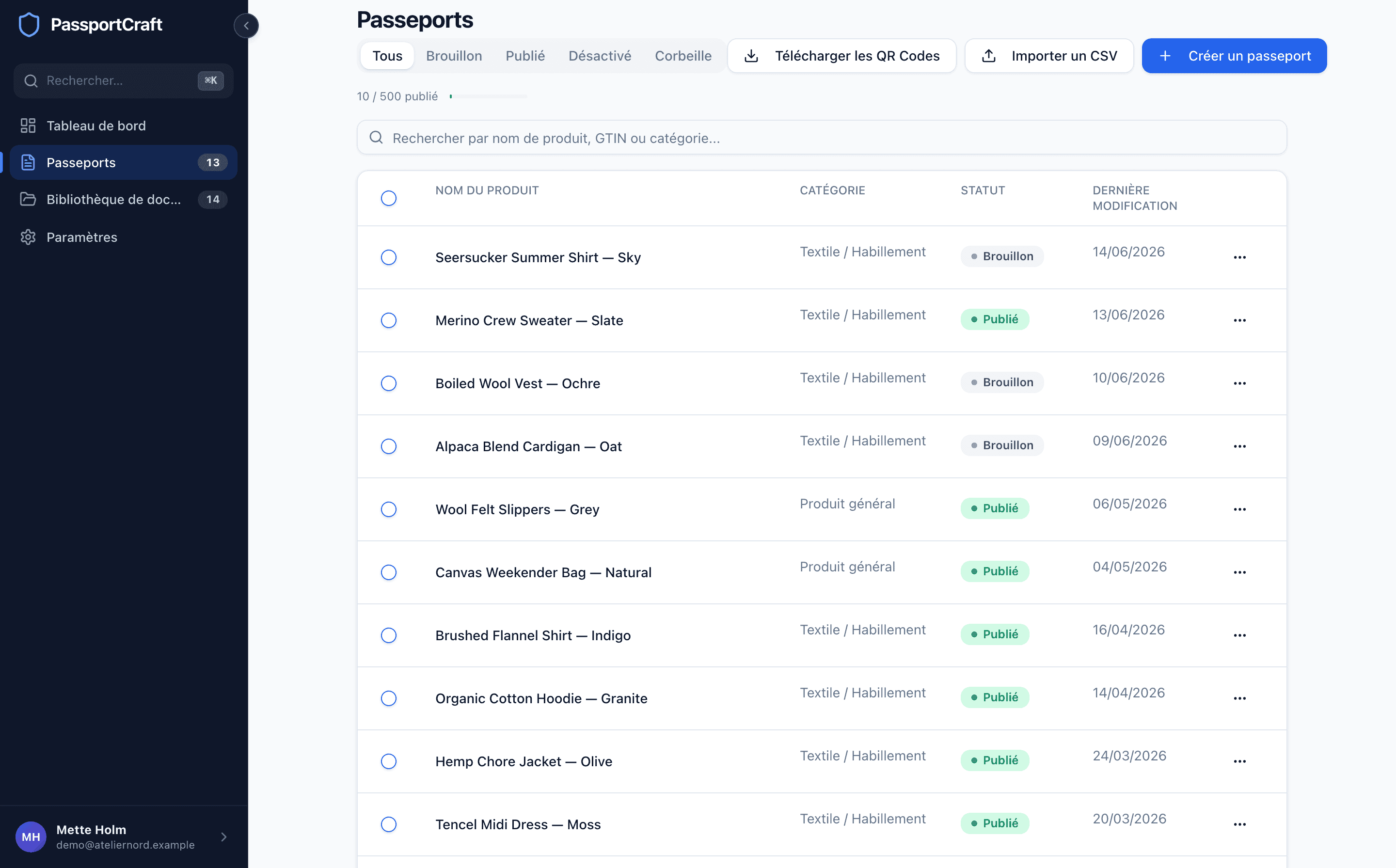 La liste Passeports affichant la barre latérale, le bouton Créer un passeport et un tableau de passeports en brouillon et publiés.