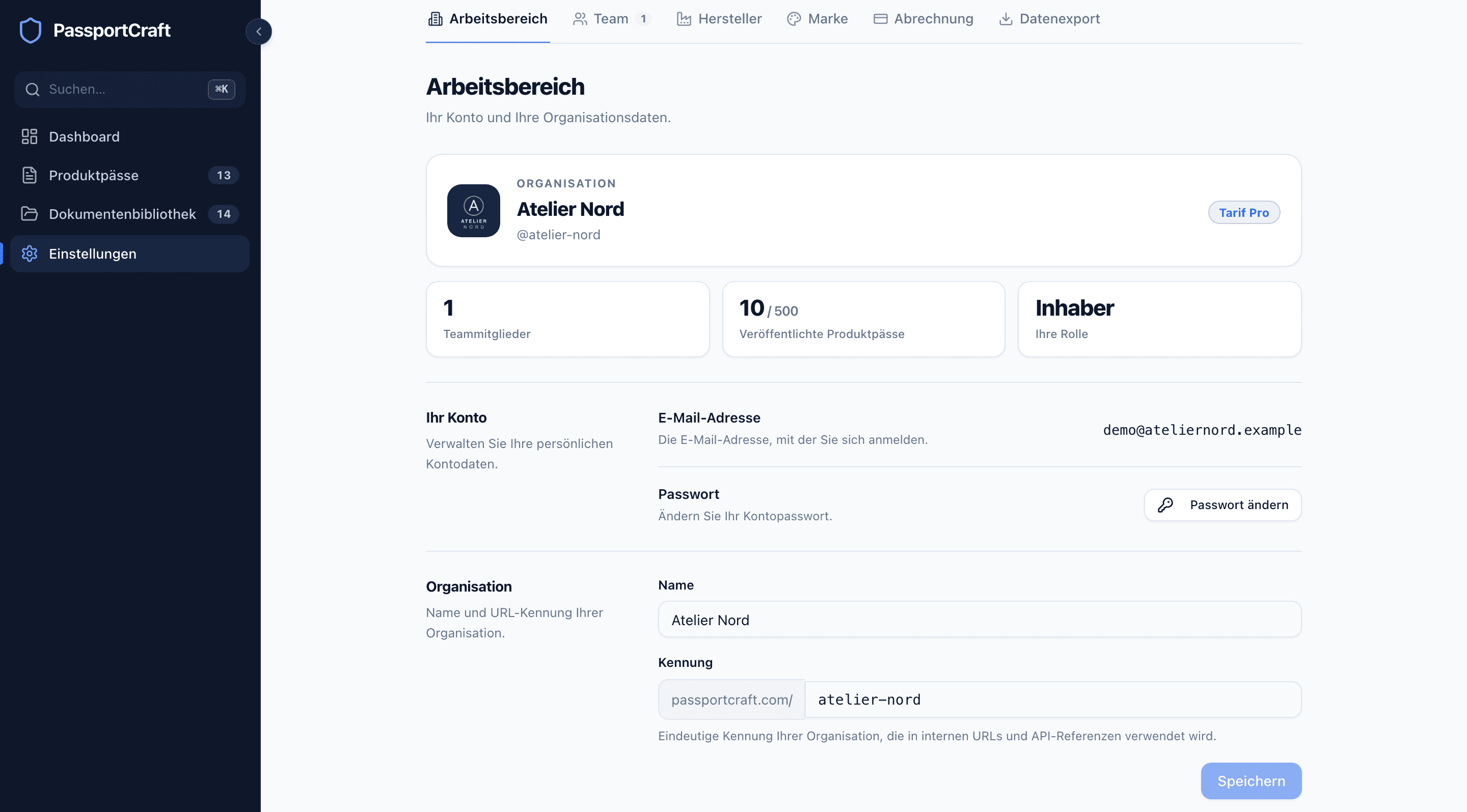 Der Tab Arbeitsbereich mit Organisationsname und Tarif, Kurzstatistiken zu Mitgliedern, veröffentlichten Produktpässen und Rolle sowie den Feldern für Konto-E-Mail und Organisation.