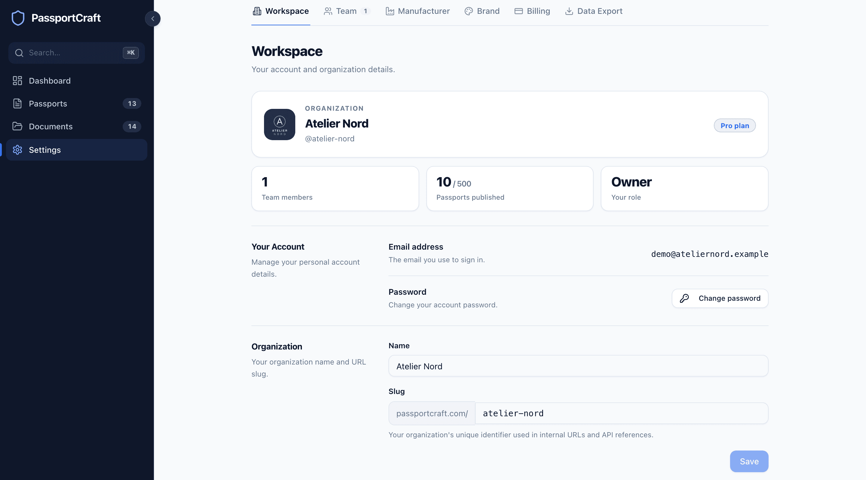 The Workspace settings tab showing the organization name and plan, quick stats for members, published passports and role, and the account email and organization fields.