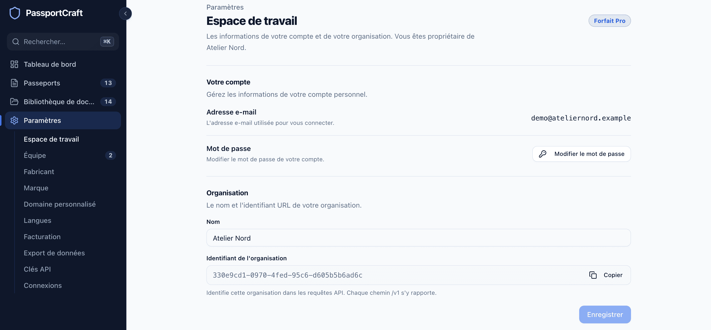 La section Espace de travail affichant le badge du plan, l'e-mail et le mot de passe du compte, ainsi que le nom et l'identifiant de l'organisation.