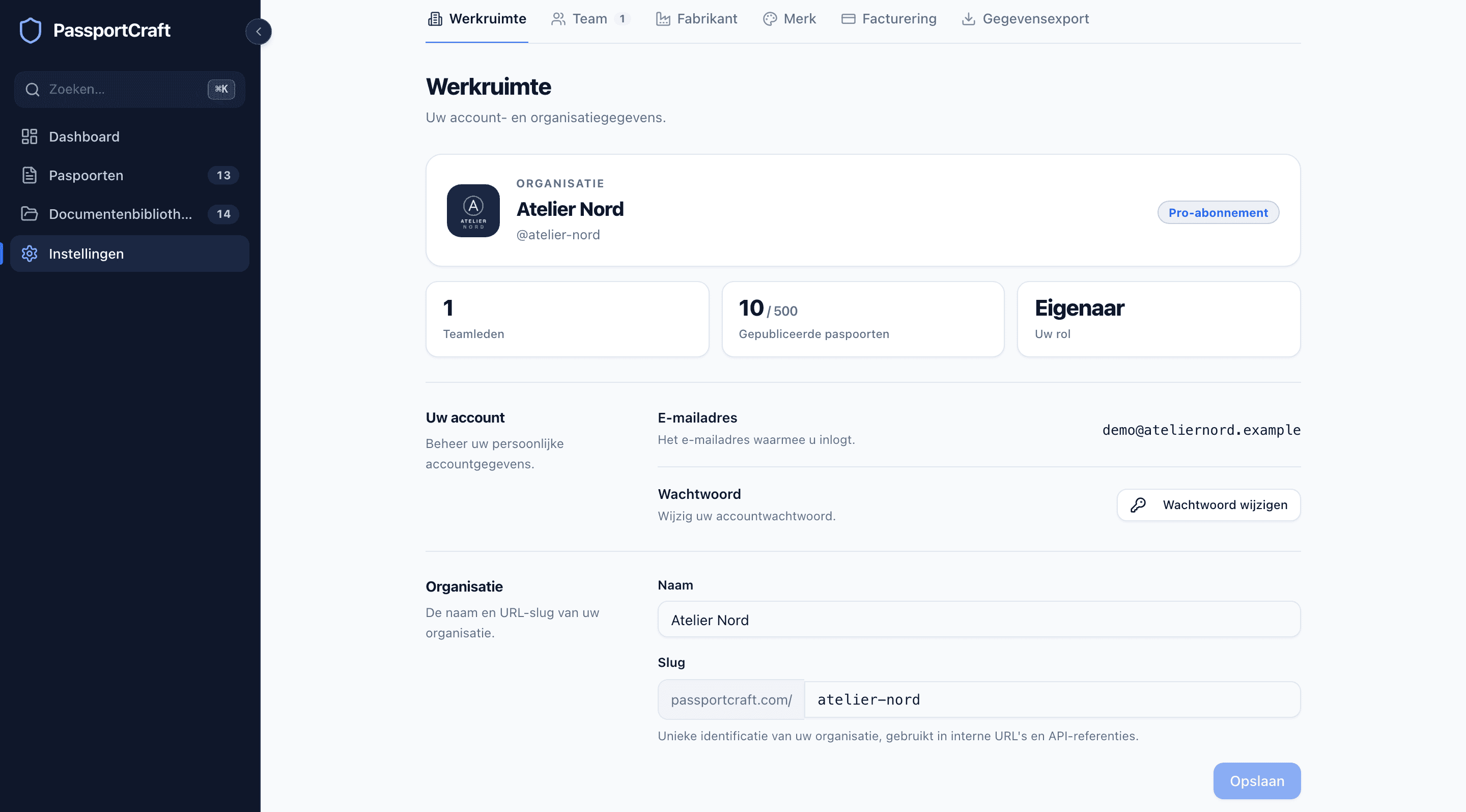 Het tabblad Werkruimte met de naam en het abonnement van de organisatie, snelle statistieken voor teamleden, gepubliceerde paspoorten en rol, en de velden voor het account-e-mailadres en de organisatie.