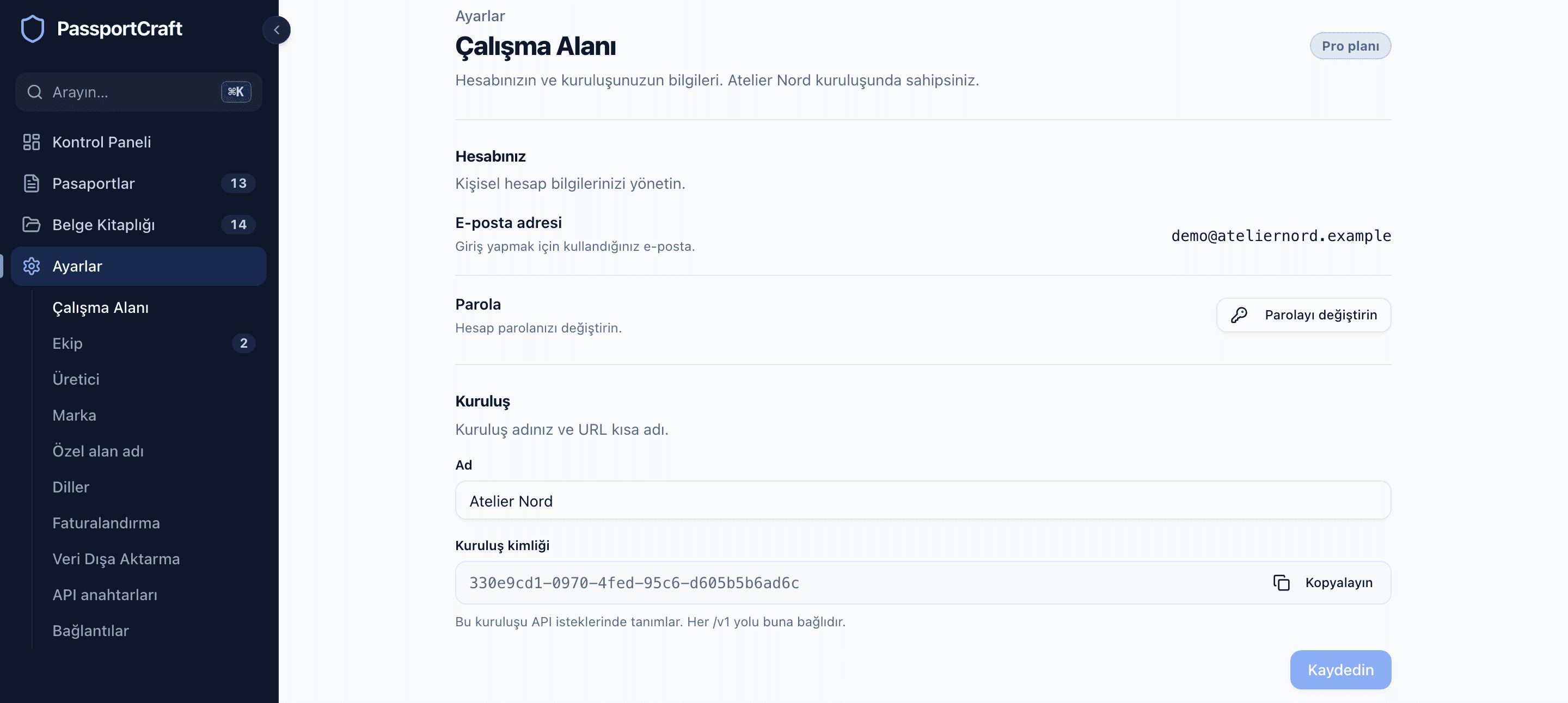 Plan rozetini, hesap e-postası ile parolayı ve kuruluş adı ile kuruluş kimliğini gösteren Çalışma Alanı ayarları bölümü.