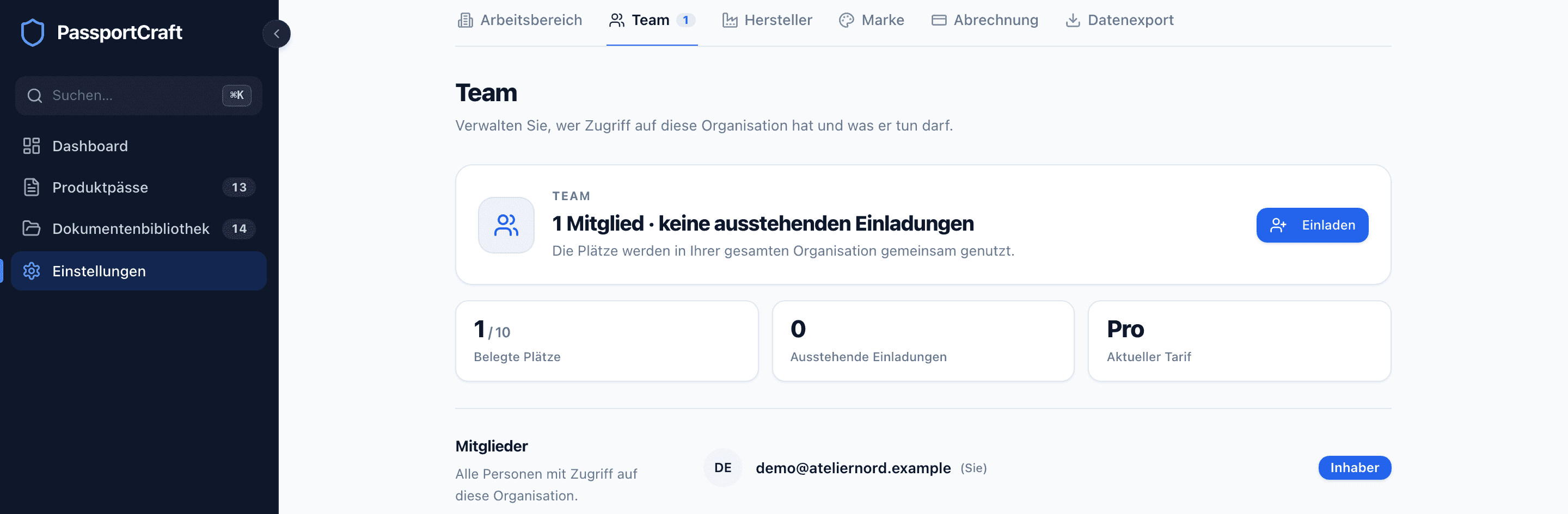 Der Tab Team mit den Einstellungs-Tabs, einer Zusammenfassung der Platznutzung samt Schaltfläche Einladen und der Mitgliederliste.
