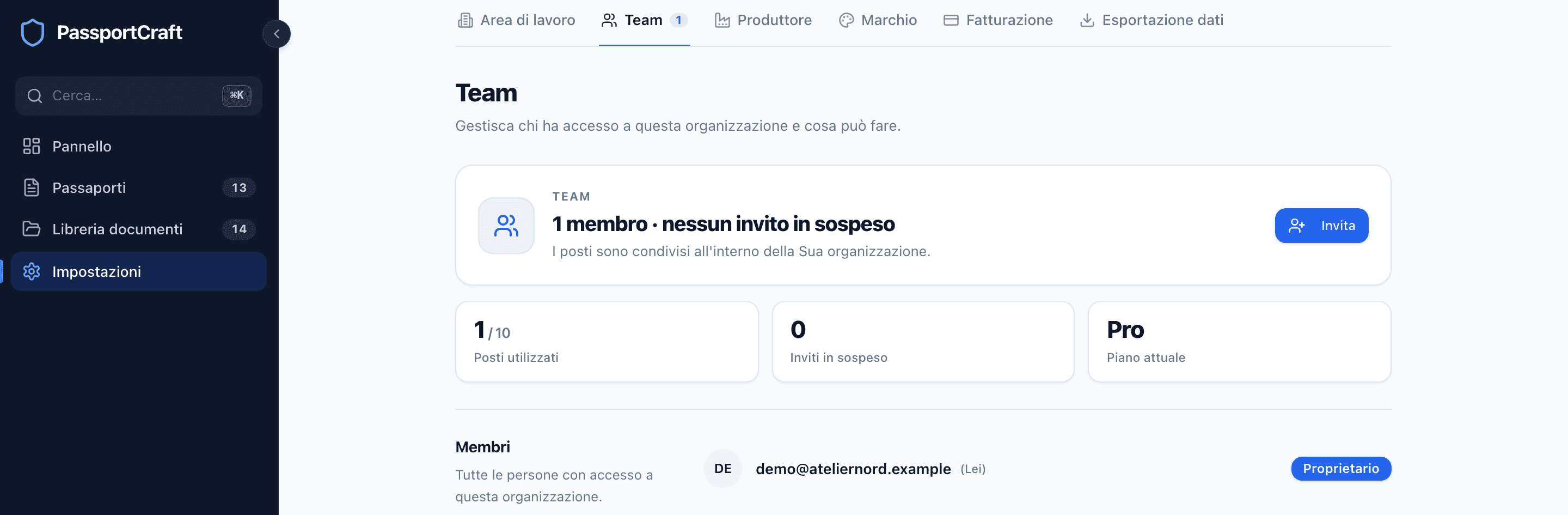 La scheda Team delle impostazioni, con le schede di navigazione, un riepilogo dell'utilizzo dei posti con un pulsante Invita e l'elenco dei membri.