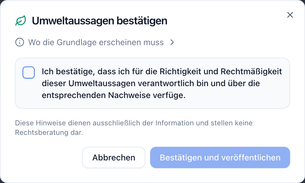 Der Dialog Bestätigen Sie Ihre Umweltaussagen mit einem Kontrollkästchen zur Bestätigung der Verantwortung für die Aussagen und einer Schaltfläche Bestätigen und veröffentlichen.