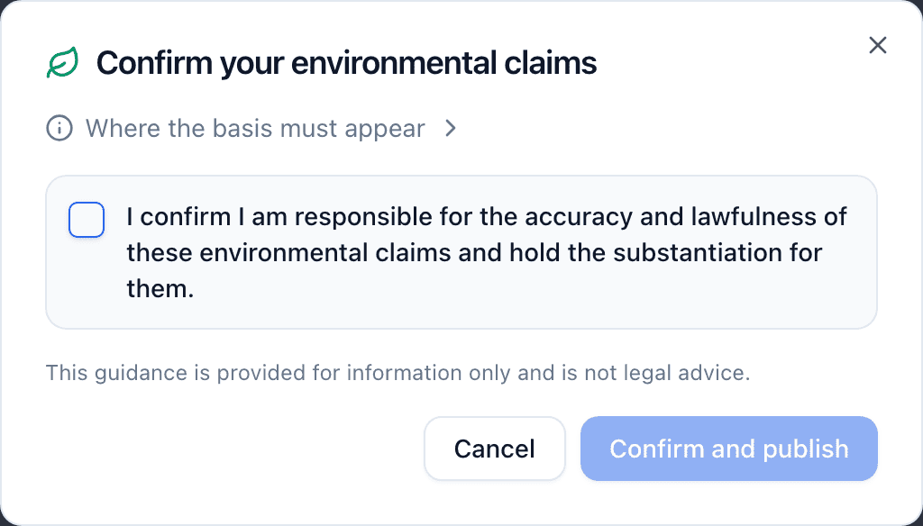 The Confirm your environmental claims dialog with a checkbox to confirm responsibility for the claims and a Confirm and publish button.