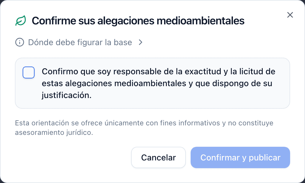 El cuadro de diálogo Confirme sus alegaciones medioambientales con una casilla para confirmar la responsabilidad de las afirmaciones y un botón Confirmar y publicar.