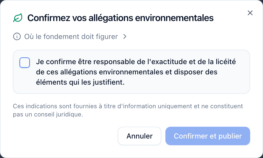 La boîte de dialogue Confirmez vos allégations environnementales avec une case à cocher pour confirmer la responsabilité des allégations et un bouton Confirmer et publier.