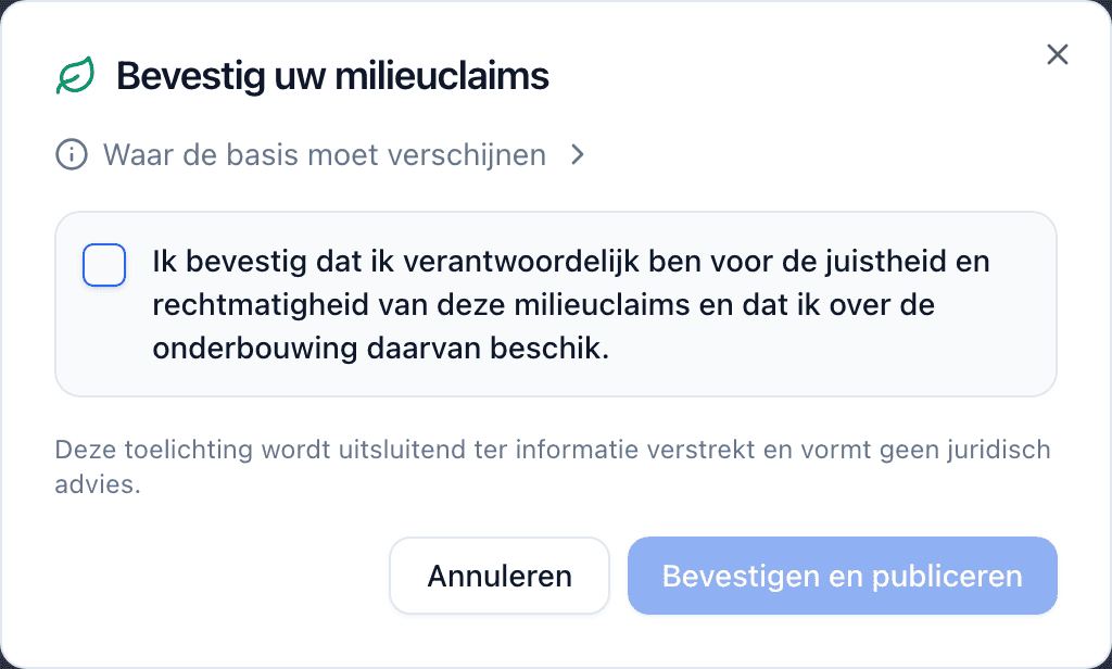 Het dialoogvenster Bevestig uw milieuclaims met een selectievakje om de verantwoordelijkheid voor de claims te bevestigen en een knop Bevestigen en publiceren.