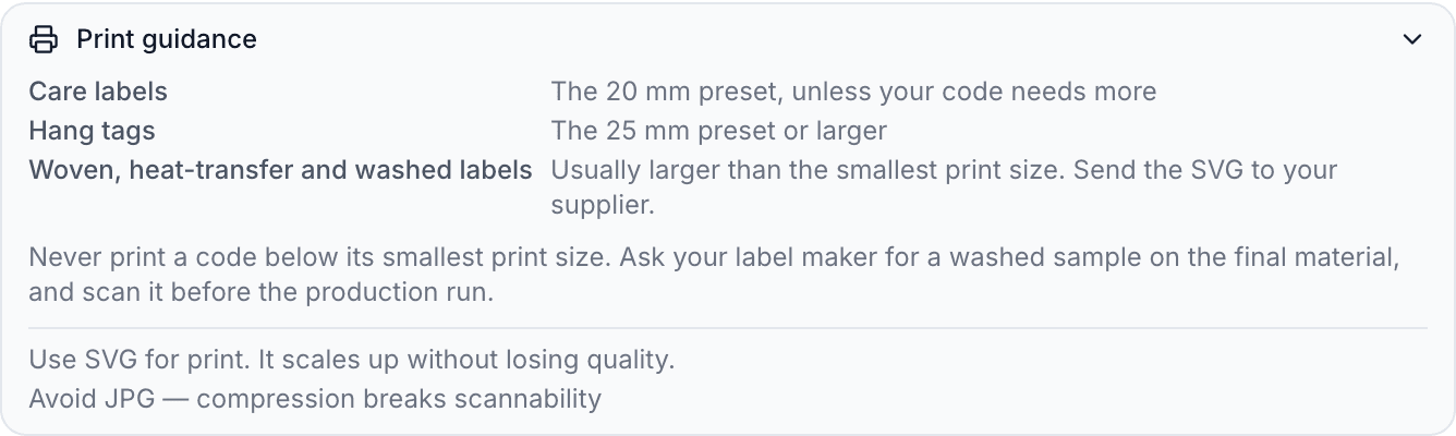 The expanded Print guidance section, with the presets for care labels and hang tags, advice for woven, heat-transfer and washed labels, and tips on SVG and JPG.