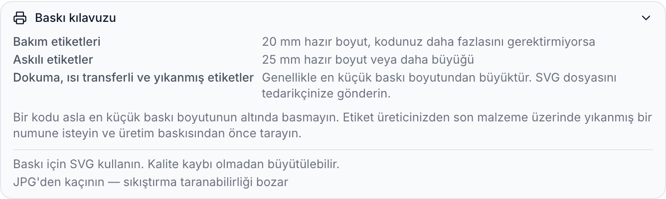 Bakım etiketleri ve askı etiketleri için hazır ayarları, dokuma, ısı transferli ve yıkanmış etiketler için önerileri ve SVG ile JPG ipuçlarını gösteren genişletilmiş Baskı kılavuzu bölümü.