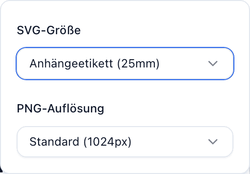 Das QR-Code-Panel mit geöffneten Exportoptionen, das die Auswahl SVG-Größe mit den Voreinstellungen Pflegeetikett, Anhänger, Groß und Benutzerdefiniert zeigt.