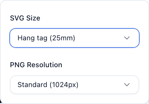 The QR Code panel with Export options open, showing the SVG Size dropdown with Care label, Hang tag, Large and Custom presets.