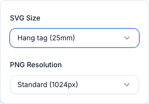 The QR Code panel with Export options open, showing the SVG Size dropdown with Care label, Hang tag, Large and Custom presets.
