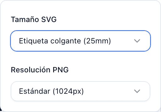 El panel del código QR con Opciones de exportación abierto, mostrando el desplegable Tamaño SVG con los ajustes Etiqueta de cuidado, Etiqueta colgante, Grande y Personalizado.