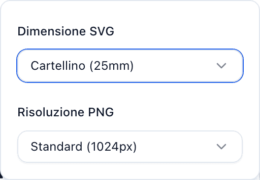 Il pannello Codice QR con le Opzioni di esportazione aperte, che mostra il menu a tendina Dimensione SVG con i preset Etichetta di cura, Cartellino, Grande e Personalizzata.