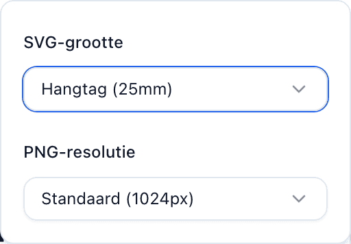 Het QR Code-paneel met Exportopties open, met het menu SVG-grootte en de presets Waslabel (20mm), Hangtag (25mm), Groot (30mm) en Aangepast.