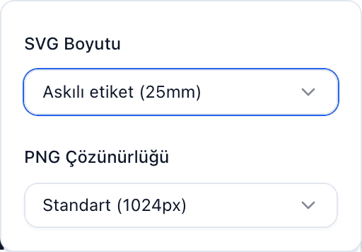 Bakım etiketi, Askı etiketi, Büyük ve Özel hazır ayarlarıyla SVG Boyutu açılır menüsünü gösteren, Dışa aktarma seçenekleri açık QR Kodu paneli.