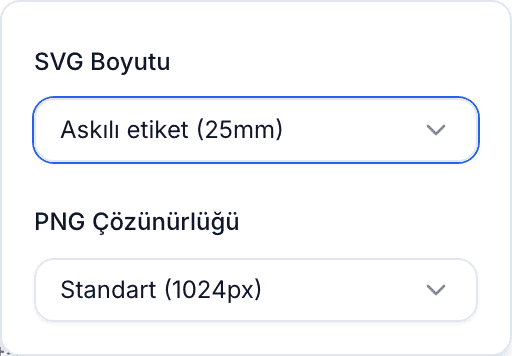 Bakım etiketi, Askı etiketi, Büyük ve Özel hazır ayarlarıyla SVG Boyutu açılır menüsünü gösteren, Dışa aktarma seçenekleri açık QR Kodu paneli.