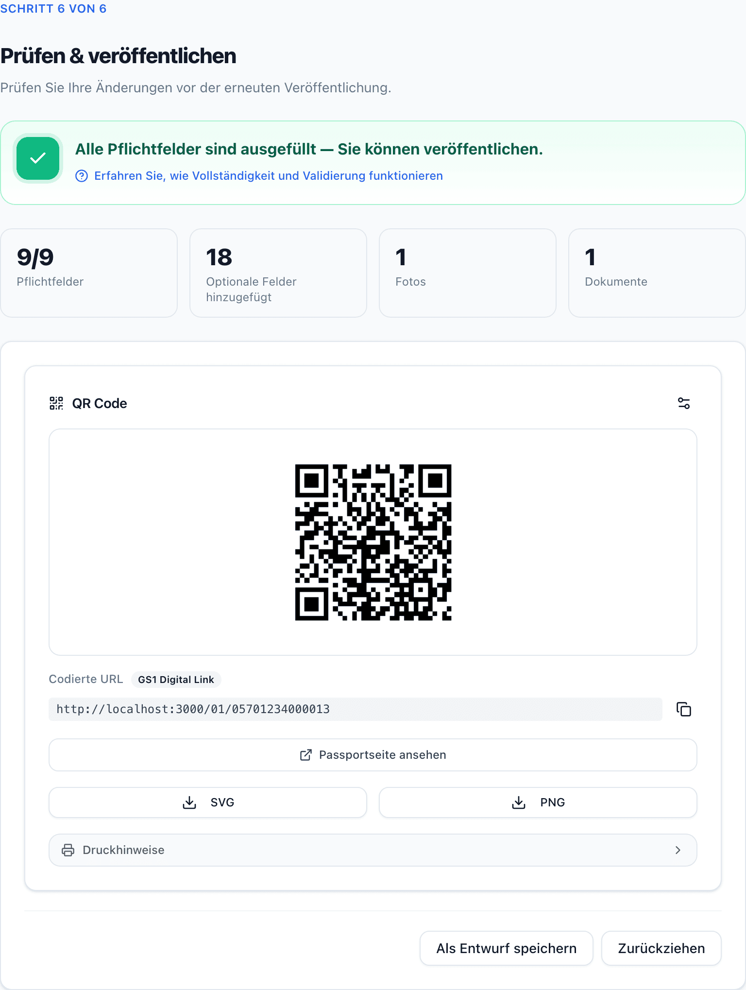 Der Schritt Prüfen & veröffentlichen mit der Vollständigkeitszusammenfassung, einem Banner Bereit zum Veröffentlichen, Feldzählungen und dem QR-Code-Panel.