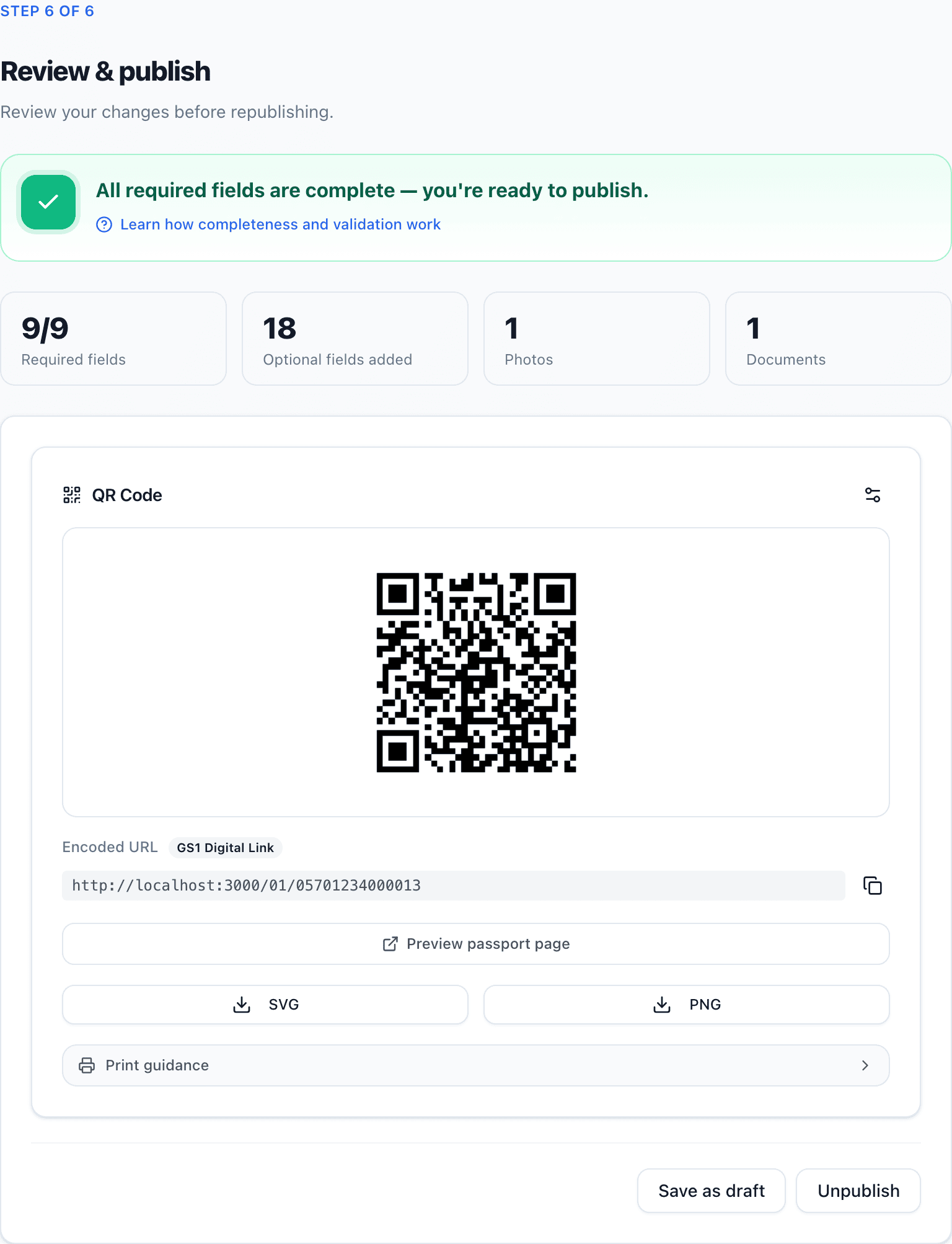 The Review & publish step showing the completeness summary, a ready-to-publish banner, field counts, and the QR code panel.
