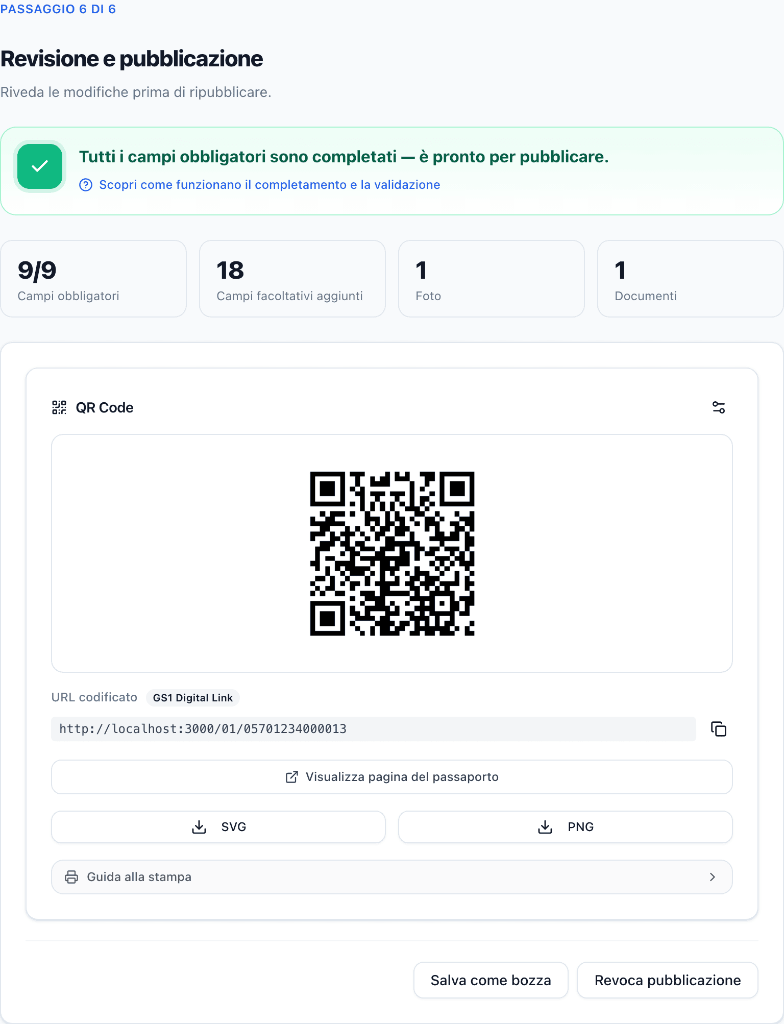 Il passaggio Revisione e pubblicazione, con il riepilogo del completamento, un banner Pronto per la pubblicazione, i conteggi dei campi e il pannello del codice QR.