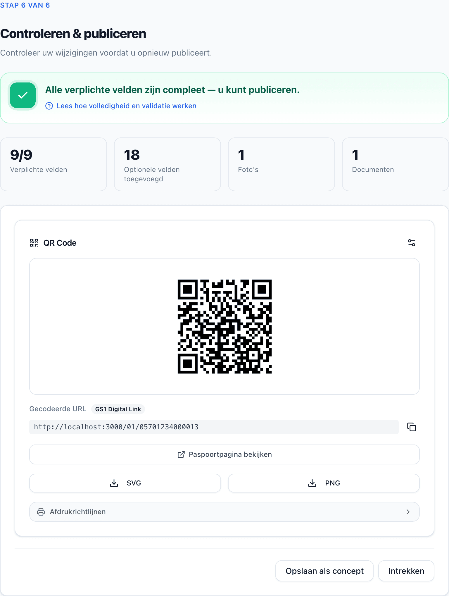 De stap Controleren & publiceren met het volledigheidsoverzicht, een banner Klaar om te publiceren, veldtellingen en het QR Code-paneel.