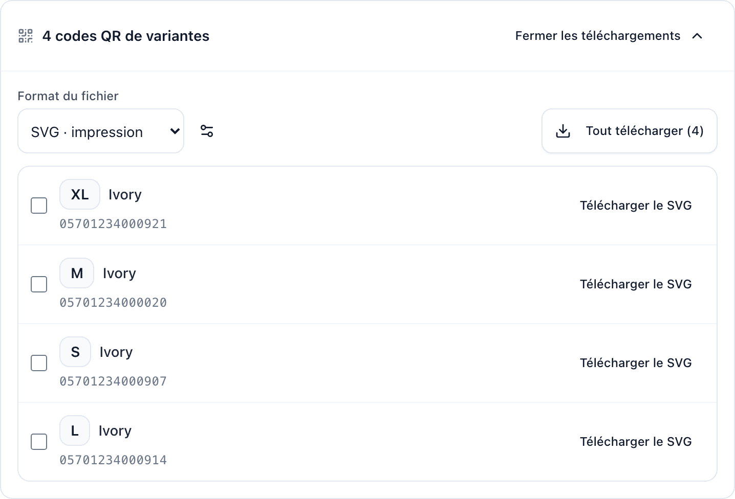 La section des codes QR de variantes dépliée dans Vérifier et publier : le Format du fichier réglé sur SVG · impression, les options d'export, le bouton Tout télécharger (4), et une ligne par taille avec son bouton Télécharger le SVG.