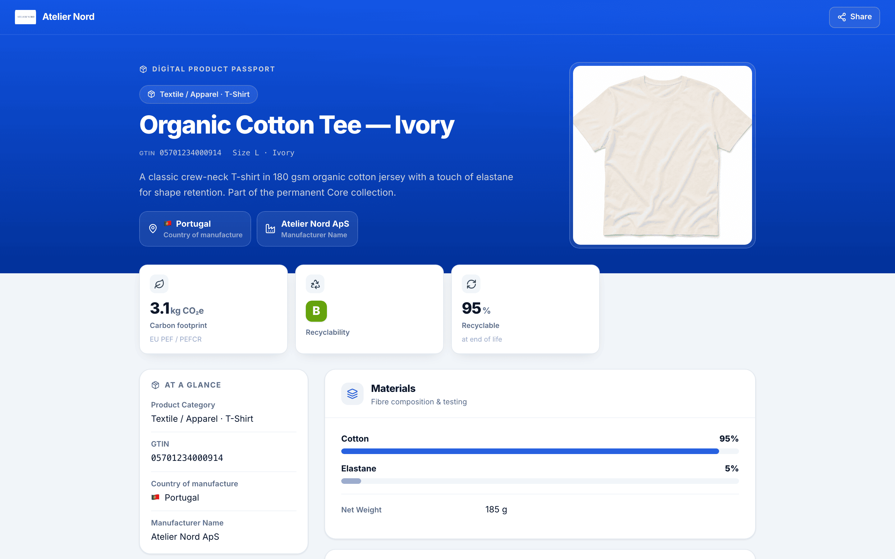 L bedeninin barkodundan ulaşılan Organic Cotton Tee — Ivory herkese açık pasaport sayfası; kimlik satırında GTIN 05701234000914 ile taranan beden ve renk görünüyor.
